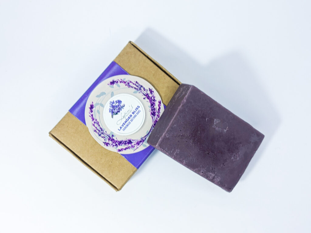 Lavender Bliss Handmade Organic Bathing Bar with lavender flowers.